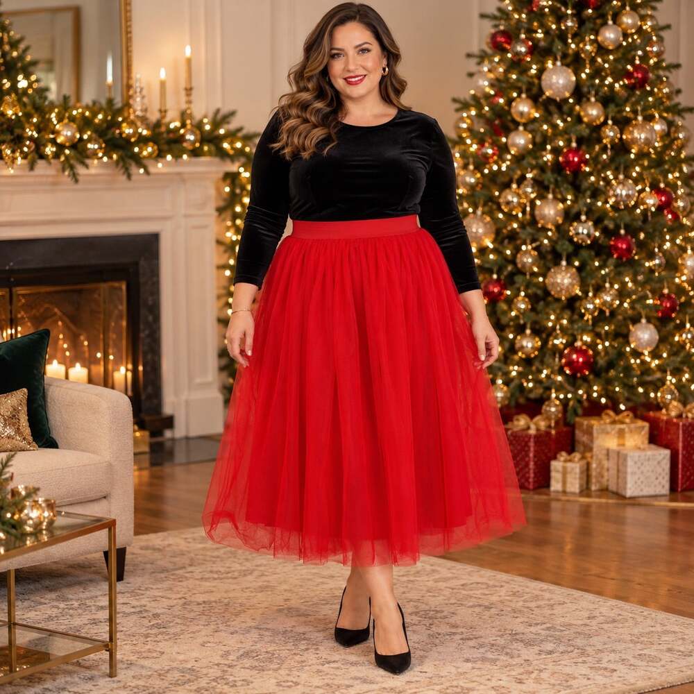 Red Tulle Midi Skirt Sz L Holiday Party Full Balletcore Coquette Red Mesh Shein